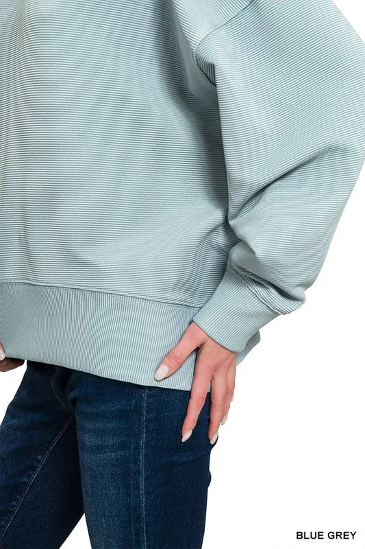 Zenana Blue Grey Ribbed Balloon Sleeve Sweatshirt