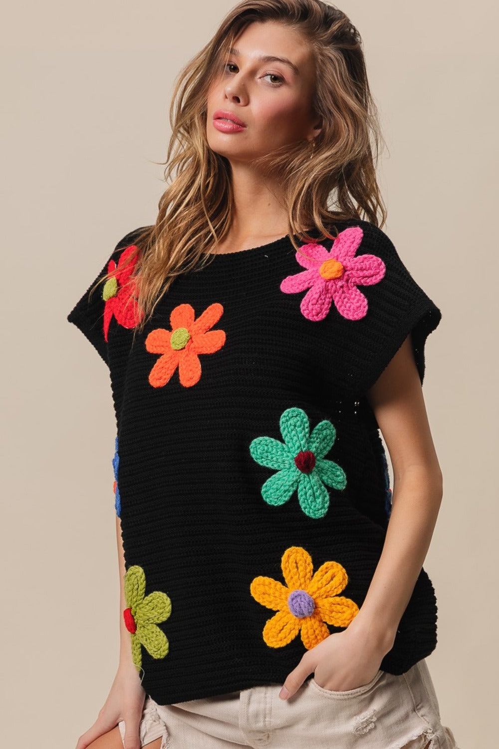 BiBi Black Flower Round Neck Cap Sleeve Knit Top Trendsi