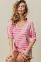 BiBi Light Pink/Dark Pink Stripe Short Sleeves Collared V Neck Top