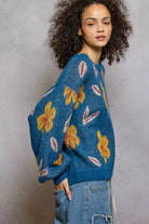 POL Lapis Blue Floral Pattern Round Neck Balloon Sleeve Sweater
