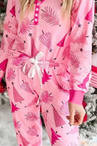 Preorder: Pink Printed Christmas Trees V-Neck Long Sleeve Top and Pants Lounge Set Trendsi