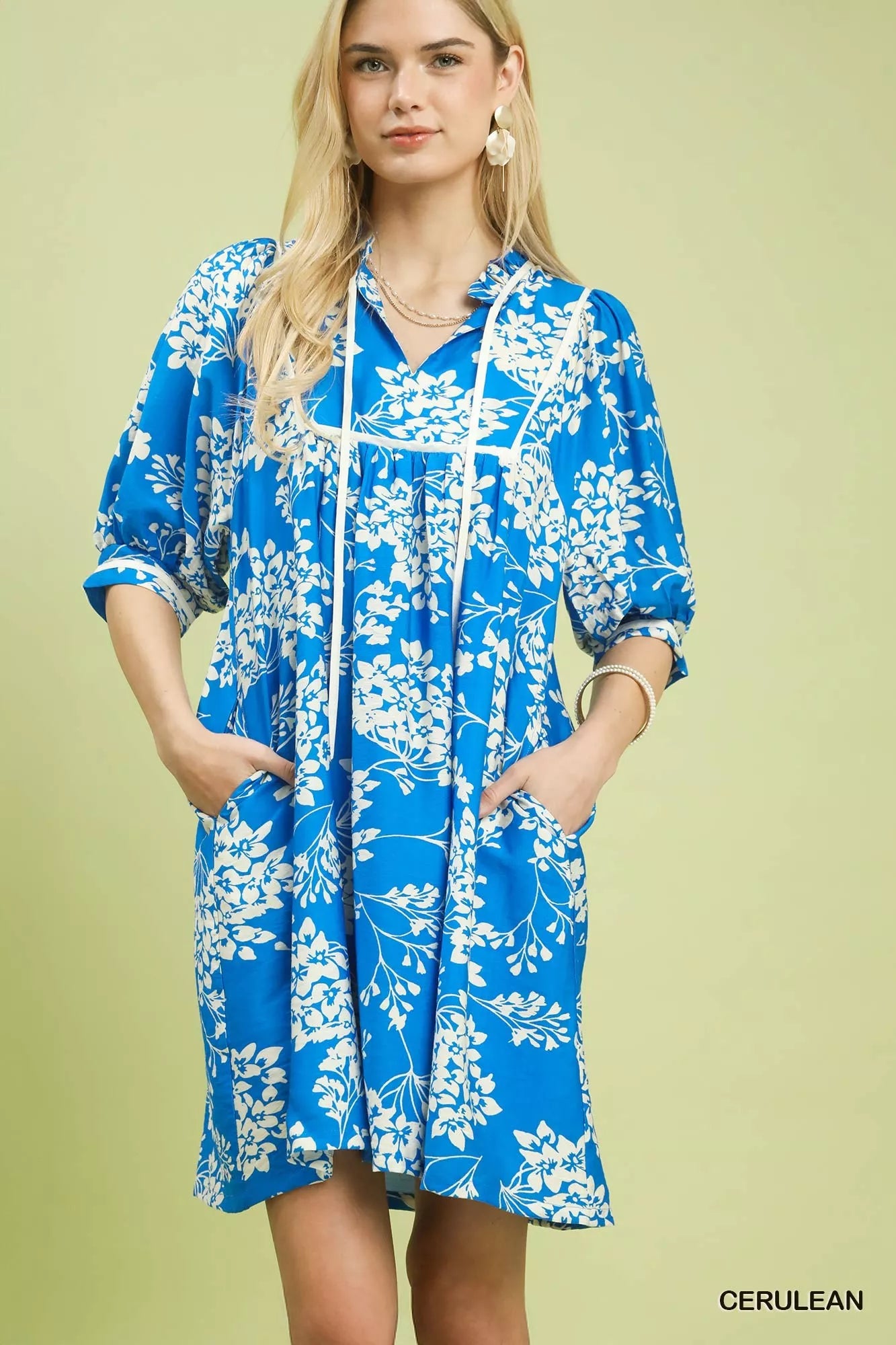 Umgee Cerulean Floral Babydoll Dress with Pockets CERULEAN