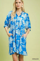 Umgee Cerulean Floral Babydoll Dress with Pockets CERULEAN