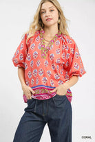 Umgee Boho Border Print Peasant Top CORAL