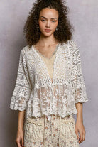 POL Floral Lace Short Sleeve Crochet Cardigan with Tassel Tie