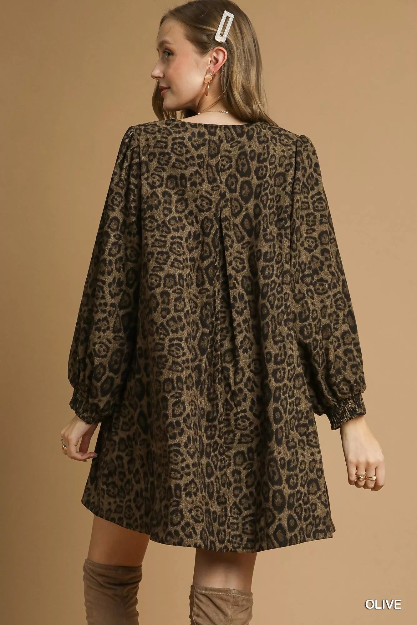 Umgee Olive Leopard Print Long Sleeve Swing Dress