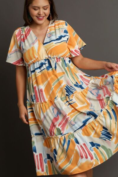 Umgee Abstract Print Flutter Sleeve Frill Tiered Midi Dress