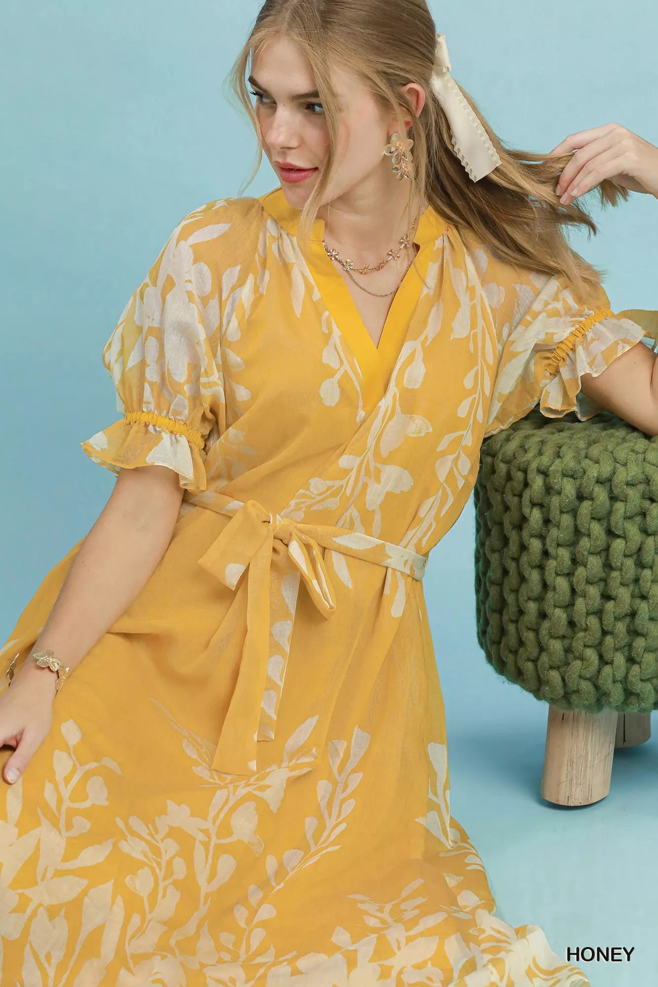 Umgee Honey Floral Print Tie Waist Midi Dress with Side Pockets