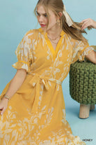 Umgee Honey Floral Print Tie Waist Midi Dress with Side Pockets