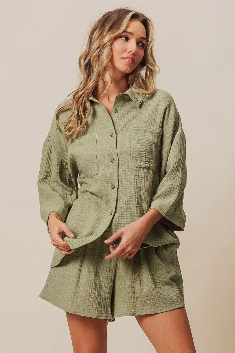 BiBi Sage Crinkle Gauze Shirt and Short Set
