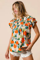 BiBi Cream & Multi Color Floral Print Woven Ruffle Sleeve Blouse
