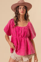 BiBi Fuchsia Crinkle Gauze Pleated Puff Sleeve Washed Blouse Trendsi