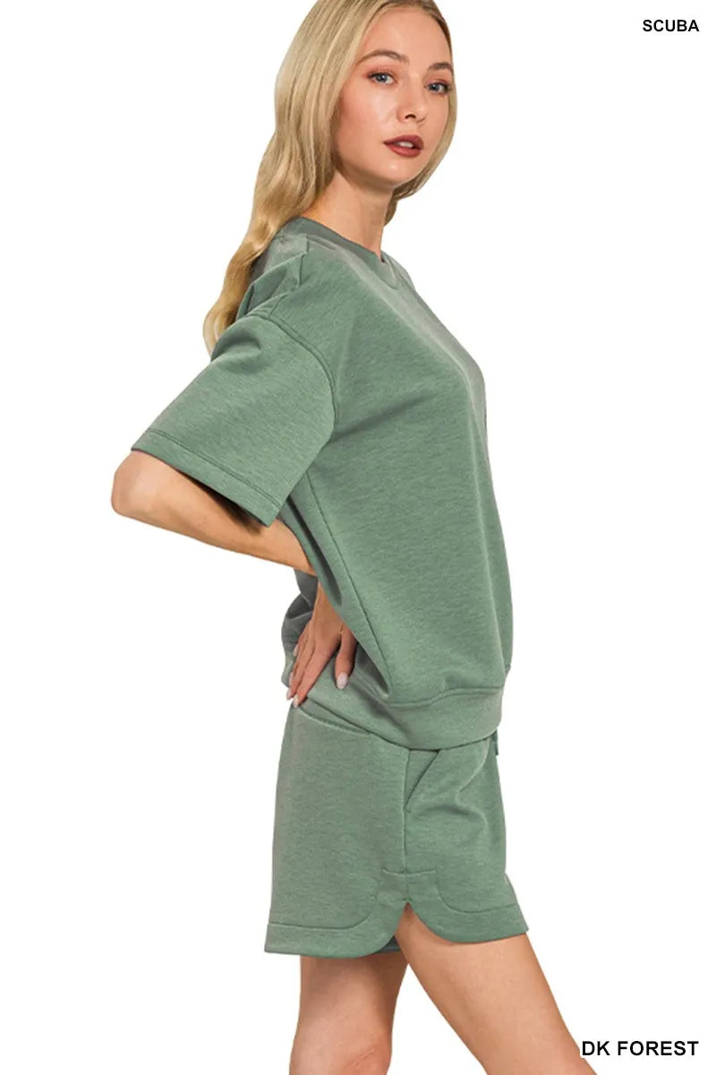 Zenana Dark Forest Scuba Short Sleeve Top & Shorts Set