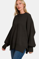 Zenana Black Side Sit Oversized Sweater Shirts & Tops