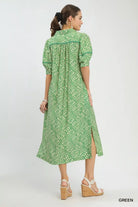 Umgee Printed Puff Sleeve Midi Dress with Pockets