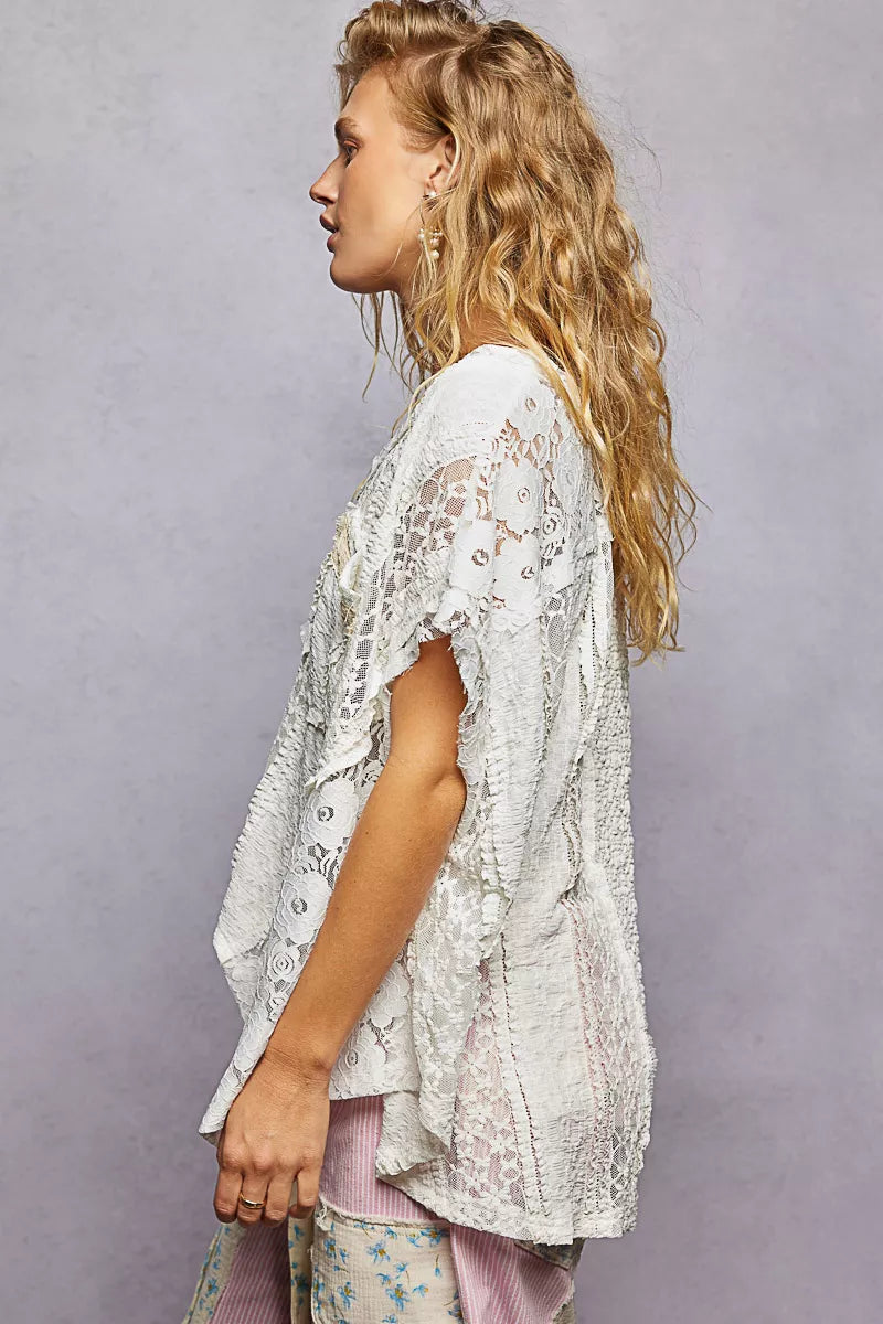 POL Off White Asymmetrical V-Neck Short Sleeve Lace Top