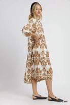 Umgee Taupe Mix Abstract Floral Print Midi Dress