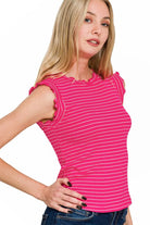 Zenana Hot Pink & White Ribbed Ruffle Trim Sleeveless Stripe Top HOT PINK WHITE