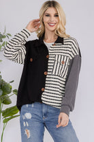 Celeste Black Striped Button Up Dropped Shoulder Shacket Black