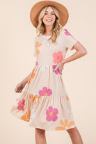 BOMBOM Apricot Floral Round Neck Short Sleeve Tiered Dress