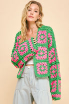 Davi & Dani Pink & Green Two Tone Flower Square Crochet Open Front Cardigan Trendsi