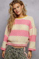 POL Pink Stripe Contrast Striped Round Neck Sweater with Textured Cable Knit Pattern