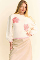 Davi & Dani Has Ivory Flower Patch Fuzzy Mock Neck Sweater