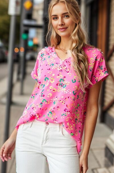 Heimish Pink Multi Color Animal print V-Neck Short Sleeve Blouse Pink Multi