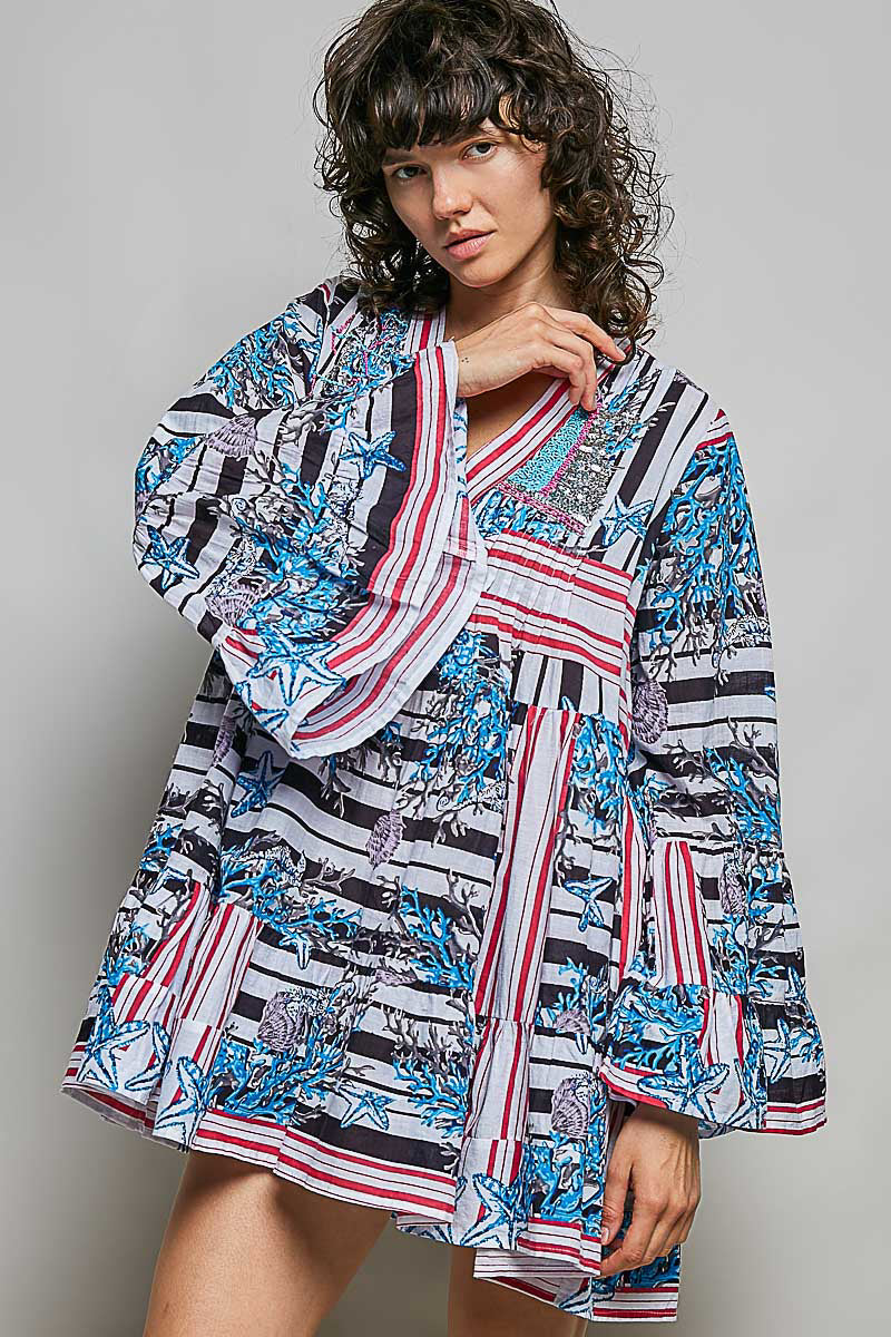 POL Striped Floral Long Sleeve Mini Dress with Pintuck Detail