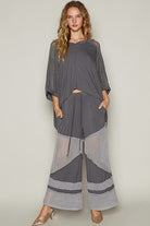 POL Dark Gray Oversize V-Neck Crochet Lace Contrast Studded Top