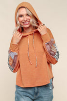 Haptics Rust French Terry Stripe & Printed Patchwork High Low Hoodie