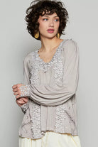 POL Romantic Taupe Floral Embroidery Woven Blouse with Lace Trim