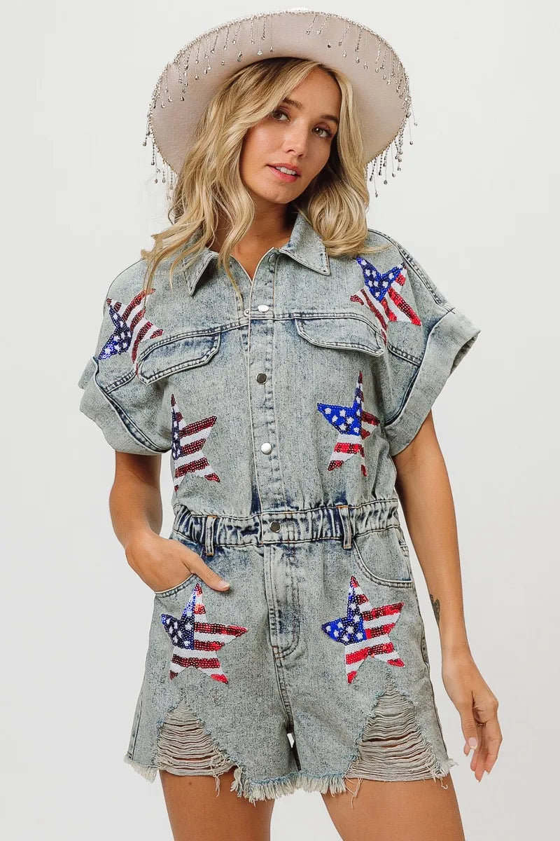 BiBi American Flag Washed Denim Romper
