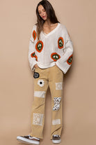 POL Cream V Neck Long Sleeve Peace Pattern Sweater Trendsi