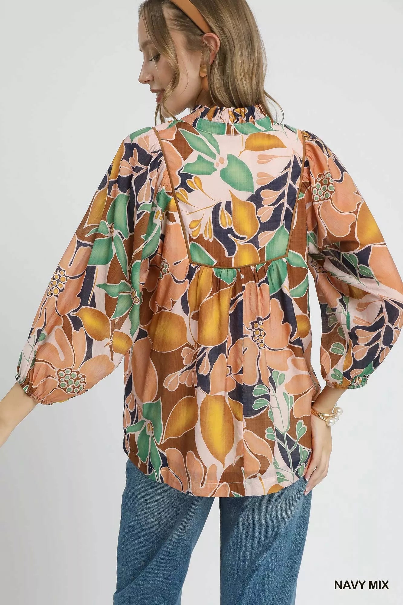 Umgee Navy Mix Multicolor Abstract Floral Print Blouse with Ruffle Neck