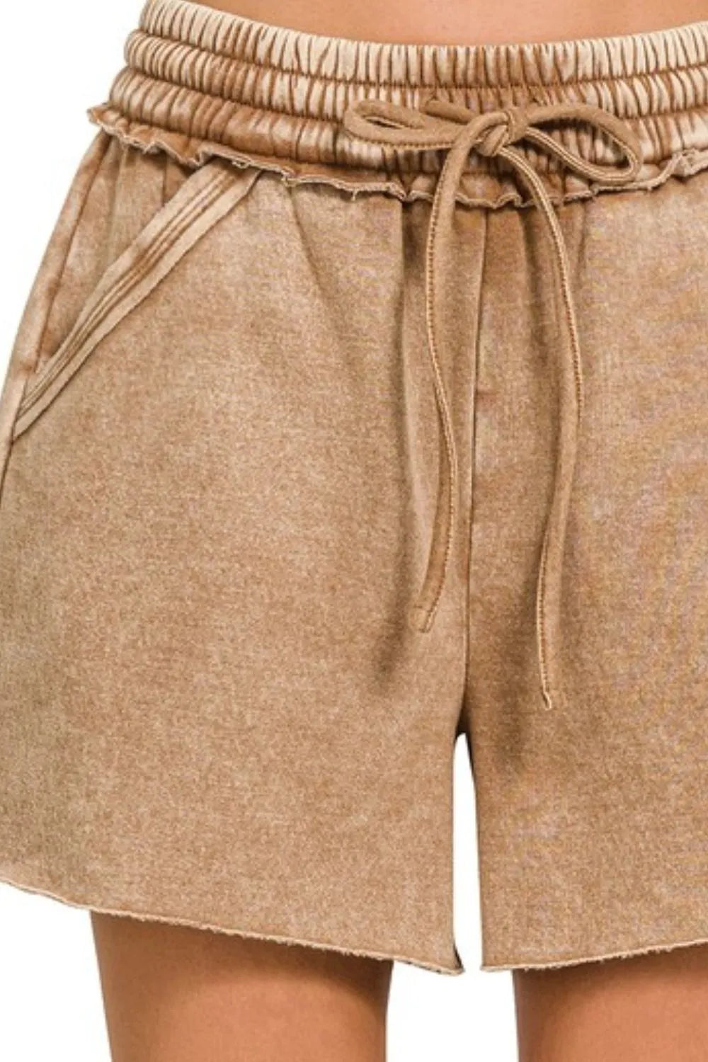 Zenana Camel Acid Wash Fleece Drawstring Shorts With Pockets
