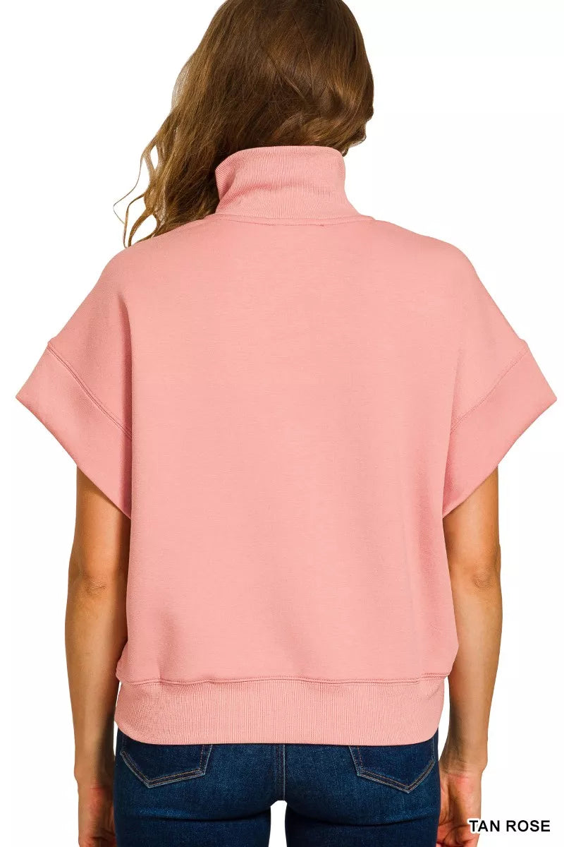 Zenana Tan Rose Scuba High Neck Half Zip Short Sleeve Top