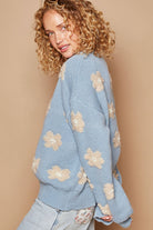 POL Cornflower Blue Daisy Pattern Drop Shoulder Oversized Sweater Trendsi