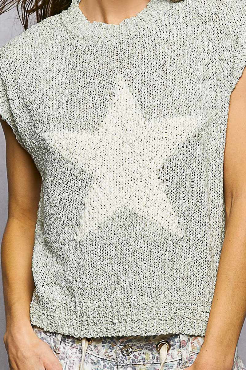 POL Sage Star Round Neck Popcorn Knit Top