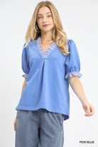Umgee Peri Blue French Terry Ruffle Trim Puff Sleeve Top PERI BLUE