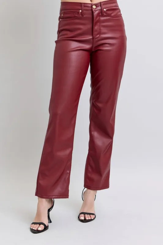 Judy Blue Red High Waist Tummy Control Faux Leather Straight Pants RED