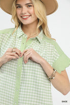 Umgee Sage Mixed Gingham Short Sleeve Shirt