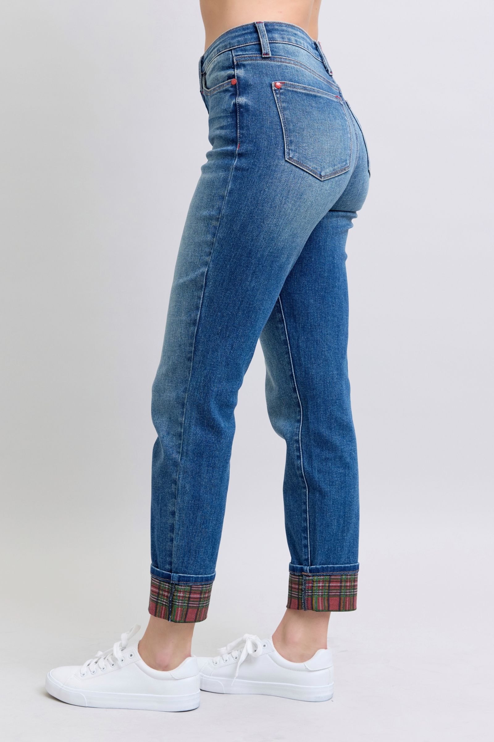 Judy Blue Plaid Print Cuff Straight Leg Mid-rise Boyfriend Jeans Jeans