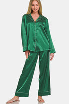 Zenana Hunter Green Satin Long Sleeve Shirt and Pants Pajama Set Hunter Green Trendsi