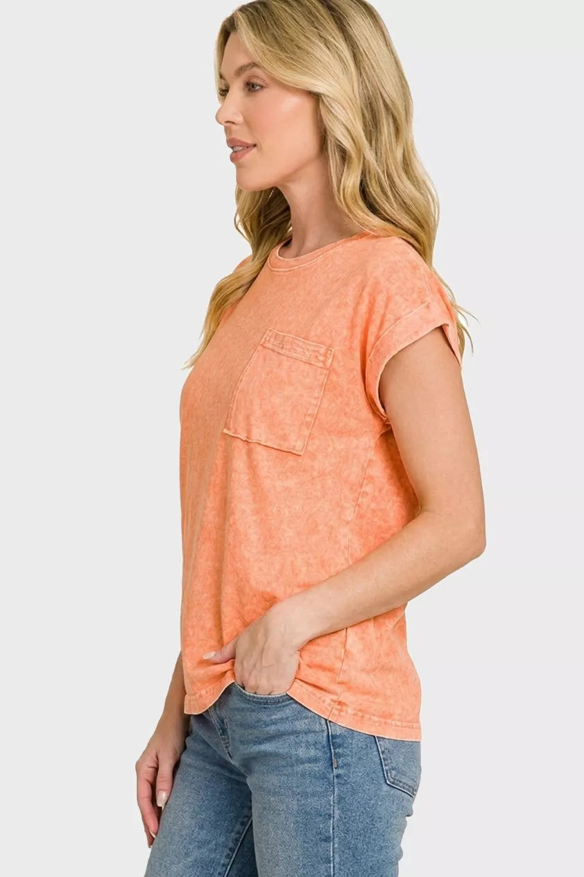 Zenana Orange Halo Snow Washed Cuffed Short Sleeve Tee