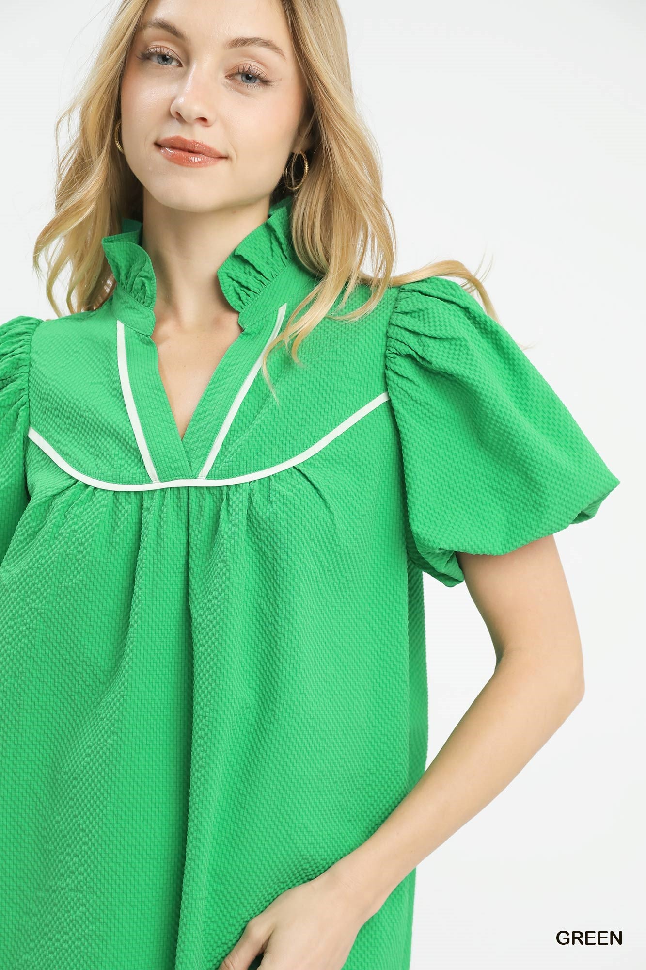 Umgee Green Textured Puff Sleeve Blouse