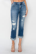 RISEN Dark Washed Cuffed Ankle Distressed Straight Jeans Trendsi