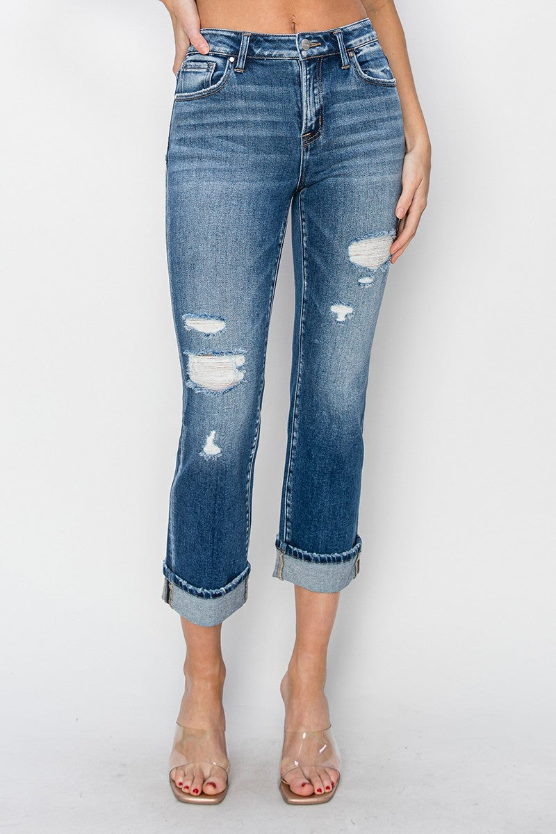 RISEN Dark Washed Cuffed Ankle Distressed Straight Jeans Trendsi