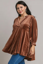 Umgee Beaded Frill Flounce Sleeve Velvet Babydoll Blouse in Brown Shirts & Tops