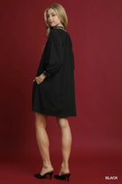 Umgee Black V-Neck Shift Dress with Sheer Leopard Trim